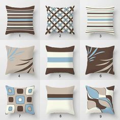 six pillows with different designs on them, all in various colors and sizes to choose from