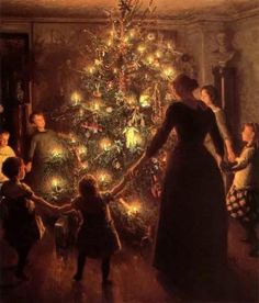 a painting of a woman and two children standing in front of a lit christmas tree