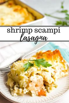 shrimp scampi lasagna on a plate with a fork