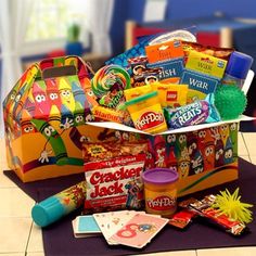 a bag filled with lots of candy on top of a table