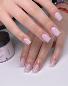 Short Square Sparkle Nails, Everyday Nails Acrylic Short, Trendy Nails Short Square White, Concert Dip Nails, Cute Short Square Nails Glitter, Short Acrylic Nails For Moms, Cute Basic Nails Acrylic Short, Basic Cute Short Nails, Short Square Iridescent Nails