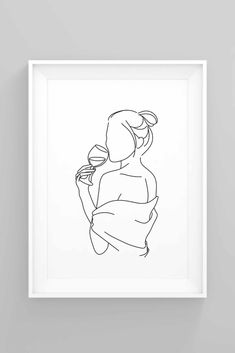 a black and white drawing of a woman holding a cupcake in her hand, on a