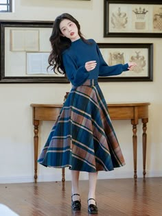 Brown Plaid Skirt, Fluffy Sleeves, Modest Classy, Fluffy Skirt, Retro Skirt, Casual Day Outfits, Korean Fashion Dress, High Neck Sweater, Classy Fashion