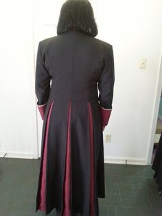 Pulpit Robes-Phoebe, tailored Cassock Robe for Female Formal Fitted Outerwear With Contrast Trim, Elegant Black Outerwear With Contrast Trim, Fitted Black Outerwear With Contrast Trim, Ministry Apparel, Clergy Women, Contemporary Clothes, Ice Dragon, Burgundy Fabric, Contrast Collar