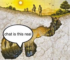 a cartoon depicting people standing on the edge of a cliff, with a speech bubble above them