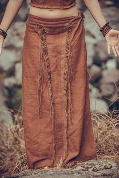 Wise Tree ~ Native Shamanic Brown Skirt ~ khadi cotton Hippie Style Brown Bottoms For Festival, Brown Hippie Bottoms For Festival, Brown Long Skirt For Festival, Hippie Style Brown Festival Bottoms, Festival Long Brown Skirt, Traditional Long Brown Skirt, Bohemian Brown Bottoms With Fringe, Bohemian Brown Fringe Bottoms, Brown Bohemian Long Skirt