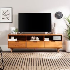 Ivy 70" 3 Drawer Solid Wood TV Stand Living Room Walker Edison Caramel Scandinavian Tv Stand, Mid Century Modern Tv Console, Office Sideboard, Condo Inspiration, Tv Console Modern, Wood Tv Console, Walker Edison Furniture, Wood Tv Stand, Solid Wood Tv Stand