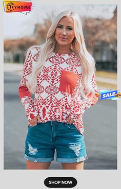 Red Aztec Print Splicing Pocket Long Sleeve Top Red Color Block Long Sleeve Top, Red Winter Tops With Pockets, Trendy Red Tops With Patchwork, Trendy Red Patchwork Top, Trendy Red Tops With Pockets, Trendy Red Top With Pockets, Red Long Sleeve Spliced Top, Aztec Print, Long Sleeve Top