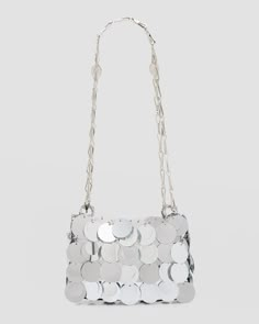 Paco Rabanne shoulder bag in sparkle disc sequins brass     Chain shoulder strap    Open top    Unlined     Approx. 16"H x 12.5"W x 2.5"D    Imported Paco Rabanne Bag, Sparkle Bag, Sparkly Bag, Bag Wishlist, Sequin Bag, Silver Bags, Dream Bags, Luxury Bag, Paco Rabanne