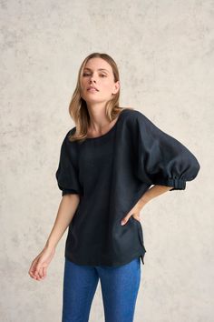 French Linen Stripe Tunic - Ink Oversized Soft-washed Top With Shirttail Hem, Oversized Soft-washed Tops With Shirttail Hem, Oversized Long-sleeved Summer Tunic, Oversized Linen V-neck Tunic, Blue Relaxed Fit V-neck Tunic, Gathered Sleeves, Linen Tunic, French Linen, Spring Looks