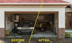 two cars are parked in the garage before and after repair