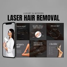 100 Instagram Templates to Showcase Your Product and Engage with Your Audience Sleek, Laser hair removal templates that will help make your brand more concise and recognizable. This set is ideal Laser Technician, Beauty Salon and any product related business.  Promote your business and drive traffic to your profile! 🌟 WHAT'S INSIDE? ⋆ 50 instagram post templates (1080 x 1080 px) ⋆ 50 matching stories templates (1920 x 1080 px) (You'll get a PDF file with the direct links to the templates) DISCL Laser Hair Removal Poster Design, Laser Hair Removal Instagram Post, Laser Hair Removal Social Media Design, Laser Hair Reduction Creative Ads, Laser Technician, Laser Hair Removal Marketing, Laser Hair Removal Advertising, Laser Ads Hair Removal, Esthetician Posts