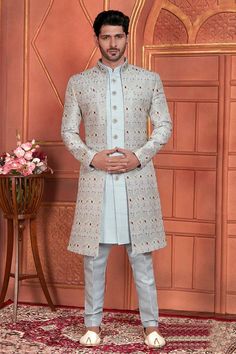 Grey Art Silk Embroidered 3 Piece Jacket Set - KARMAPLACE.COM Sherwani Pakistani, Wedding Salwar Kameez, Choli Dress, Kids Wear Girls, Party Wear Kurtis, Pakistani Style