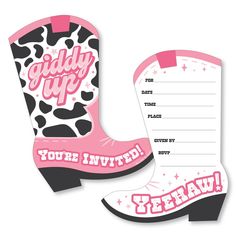 a pink cowboy boot shaped party card with the words, you're in it