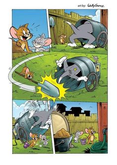 an image of cartoon comics with cats and mice in the same scene, one is trying to