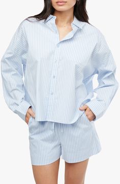 Expand your versatile basics with this long-sleeve button-up shirt crafted from striped cotton fabric enhanced with comfortable stretch. Front button closure Point collar Long sleeves with adjustable button cuffs Chest patch pocket 97% cotton, 3% spandex Hand wash, line dry Imported Striped Button-up Tops For Loungewear, Spring Striped Shirt For Loungewear, Long Sleeve Tops With Striped Collar For Loungewear, Spring Striped Loungewear Shirt, Striped Shirt For Spring Loungewear, Striped Relaxed Fit Shirt For Loungewear, Striped Long Sleeve Shirt For Daywear, Striped Cotton Shirt For Loungewear, Striped Long Sleeve Top For Daywear