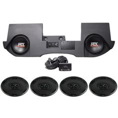 an image of speakers and wires for car audio system with 4x sub woots