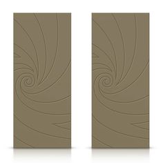 two brown doors with swirly designs on the front and back sides, one is closed