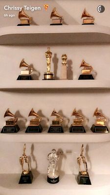 many awards are lined up on the shelves