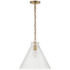 an antique brass and glass pendant light fixture with a chain hanging from the bottom to the ceiling