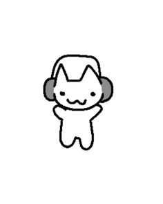 a black and white drawing of a cat wearing headphones