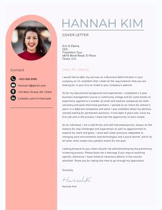 the cover letter for a resume is shown in pink and blue colors, with an image of