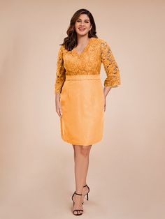 Tangerine Formal V-neck Lace Dress, Elegant Lace Dress With 3/4 Sleeves For Formal Occasions, Elegant Formal Lace Dress With 3/4 Sleeves, Elegant Lace Dress With 3/4 Sleeves, Spring Formal Lace Dress With V-neck, Elegant V-neck Lace Dress With Lace Sleeves, Elegant Half Sleeve Dresses With Lace Trim, Spring Formal V-neck Lace Dress, Elegant V-neck Dress With Lace Patchwork