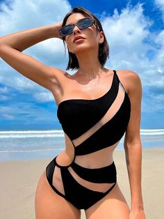 Sexy Asymmetric See-Through Split-Joint One-Shoulder One-Piece Swimwear Supportive Swimsuit, Beach Volley, Black Bathing Suits, Cut Out Swimsuits, Costume Intero, Womens Bathing Suits, Beach Wears, Monokini, Swim Suit