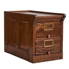 a wooden desk with two drawers on the bottom and one drawer open to show what's inside