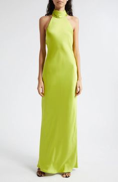 Ramy Brook Tatiana Halter Neck Satin Gown | Nordstrom Sleeveless Bias Cut Backless Dress For Prom, Satin Maxi Dress With Back Opening, Satin Gown With Side Slits And Floor-length, Halter Neck Satin Dress With Side Slits, Maxi Length Satin Dress With Back Opening, Satin Halter Neck Dress With Side Slits, Sleek Satin Gown For Night Out, Satin Slip Dress With Back Opening In Maxi Length, Satin Maxi Slip Dress With Back Opening