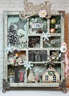 an altered christmas card with ornaments and decorations