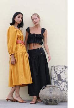 Ciao Lucia Cinetta Top Black Cotton Cropped Top For Brunch, Cropped Tie Straps Crop Top For Day Out, Chic Cotton Crop Top With Smocked Bodice, Ciao Lucia, Cotton Crop Top, Tiered Dress, Cotton Style, Fashion Set, Black N Yellow