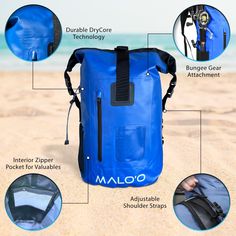 an image of a blue cooler bag with instructions on how to put it in the sand