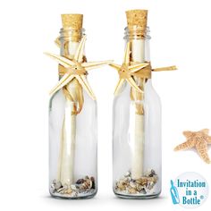 two glass bottles with starfish in them