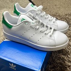 Brand New, Never Worn Comes With Box White With Green Detail Boys Size 4, Fits A Women Size 6.5-7 Lace-up School Sneakers With Rubber Sole, Lace-up Rubber Sole Sneakers For School, Adidas School Sneakers, School Sneakers With Lace-up And White Sole, Lace-up Sneakers With White Sole For School, Adidas Sporty Sneakers For School, Sporty Adidas Sneakers For School, White Sole Slip-on Sneakers For School, Slip-on Sneakers With White Sole For School