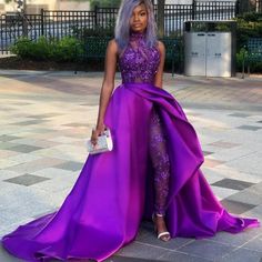 Purple Sequined Overskirt Jumpsuit Prom Dresses High Neck Appliqued Side Split Evening Gowns Lace Glamorous Taffeta Gown For Party, Party Evening Dress With Detachable Train For Prom, Evening Dress With Detachable Train For Prom, Satin Evening Dress With Detachable Train For Banquet, Taffeta Evening Dress For Gala Party, Floor-length Taffeta Gown For Parties, Taffeta Evening Dress For Party And Gala, Embellished Satin Evening Dress For Banquets, Embellished Satin Evening Dress For Banquet