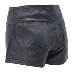 MEASURE BEFORE YOU PURCHASE! SIZE XS S M L XL 2X WAIST 26" 28" 30" 32" 34" 36" HIPS 32" 34" 36" 38" 40" 42" RISE 10" 10" 10" 10" 10" 10" Black leather booty shorts at a blow out bargain sale price. These cowhide leather shorts come with a shimmering silver and black front zipper. Short shorts with pockets that fits best for women with more narrow hips. A cute looking pair of ladies leather booty shorts with two front pockets, two rear patch pockets and are made of premium quality cowhide leather Relaxed Fit High Waist Bottoms With Zip Fly, High Waist Relaxed Fit Bottoms With Zip Fly, Fitted Short Pants With Pockets, Fitted High Waist Shorts With Hip Pockets, Fitted Casual Bottoms With Side Zipper, Casual Fitted Bottoms With Side Zipper, Fitted Bottoms With Pockets And Short Inseam, Black Bottoms With Pockets And Standard Cut Leg, Fitted Pants With Belt Loops