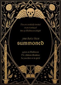 a black and gold card with an image of a skull in the middle, surrounded by candles