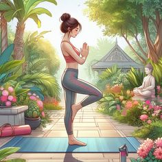 a woman doing yoga in the middle of a garden