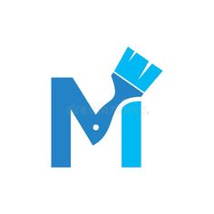 the letter m is painted with blue paint and brush logo design for company royalty illustration