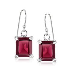 Ross-Simons - 6.50 ct. t. w. Emerald-Cut Garnet Drop Earrings in Sterling Silver. The rich, wine-red tone of burgundy garnet is irresistible, particularly when paired with sophisticated neutral ensembles! A pair of 6.50 ct. t. w. emerald-cut garnets dangle in polished sterling silver. 3/8" wide. Hanging length is 1". Earwire, garnet drop earrings. Garnet birthstones are the perfect gift for January birthdays. Black Onyx Hoop Earrings, Round Garnet Ring, Garnet Drop Earrings, White Topaz Earrings, Emerald Earrings Drop, Garnet Birthstone, Red Tone, Gemstone Drop Earrings, Emerald Earrings Studs