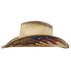 Flying bold eagle leatherette under brim applique. Band with US flag detail and USA star concho center. Aged look contrast trim and crown top. Turned up brim, 4" wide. Pinched, teardrop crown. Elasticized comfort sweatband. One size, fits up to 58.5 cm, M/L Unisex American Style Adjustable Hat With Flat Brim, American Style Adjustable Flat Brim Hat, Adjustable American Hat With Curved Brim, American Style Adjustable Hat With Curved Brim, Adjustable Patriotic Hat For Rodeo, Adjustable Americana Hat With Short Brim, Adjustable Americana Hat For Rodeo, Adjustable Wide Brim Americana Hat, Americana Wide Brim Adjustable Hat