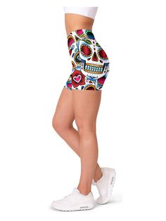 Colorful Dead - Sugar Skull Yoga Shorts Gearbunch Casual Orange Yoga Shorts, Yellow Stretch Yoga Shorts, Sporty Yoga Pants With Built-in Shorts, Solid Color, Orange Short Yoga Activewear, Yellow Yoga Bottoms With Built-in Shorts, Lululemon Pink, Pink Yoga, 100 Squats, Sugar Skull Design