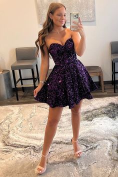 Purple Prom Dress Short, Cute Strapless Dresses, Purple Homecoming Dress, Sequin Homecoming Dress, Purple Prom Dress, Prom Dress Stores, Sequin Prom Dress, Burgundy Prom Dress, Short Party Dress