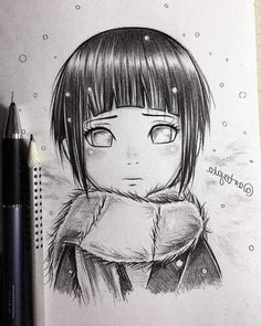 a pencil drawing of a girl with glasses and a fur coat on her head, in front of snowflakes