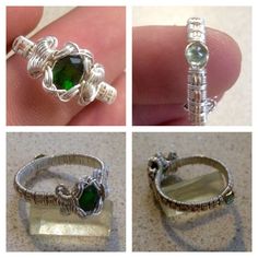 four different views of rings made with wire and glass beads, including one green stone