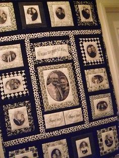 a black and white quilt with pictures on it