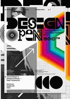 an abstract poster with black and white graphics on the bottom half of it, featuring different colors