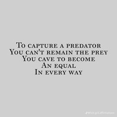 a quote that reads to capture a predator you can't remain the prey you cave to become an equal in every way