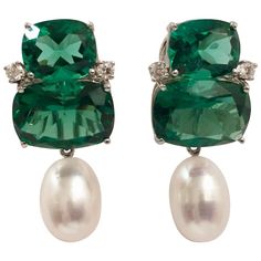 Christina Addison Elegant 18kt White Gold Double Cushion Green Garnet Stone Earrings with Diamonds and detachable Pearl Drops This is a classic day to evening earring that can be made clip or pierced. The meaning measures 3/4' tall and 1/2" wide. The detachable Pearls each measure approximately 0.57 inches tall. The Total Earring Height with the Pearls: 1.32", Width: 1/2" Omega clip back. These earrings can be made for Clip or Pierced earrings. The Christina Addison Fine Jewelry Bespoke Collecti Cushion Earrings, Earrings With Diamonds, Green Garnet, Earring Collection, Garnet Earrings, Garnet Stone, Green Amethyst, Amethyst Stone, Earrings Collection